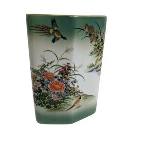 Shaddy Mino Japan Green Floral & Bird Vase Hexagonal Porcelain Hand-Painted Eleg